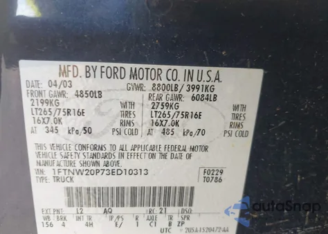 2003 Ford F-250 Lariat/Xl/Xlt from USA, damaged, VIN 1FTNW20P73ED10313